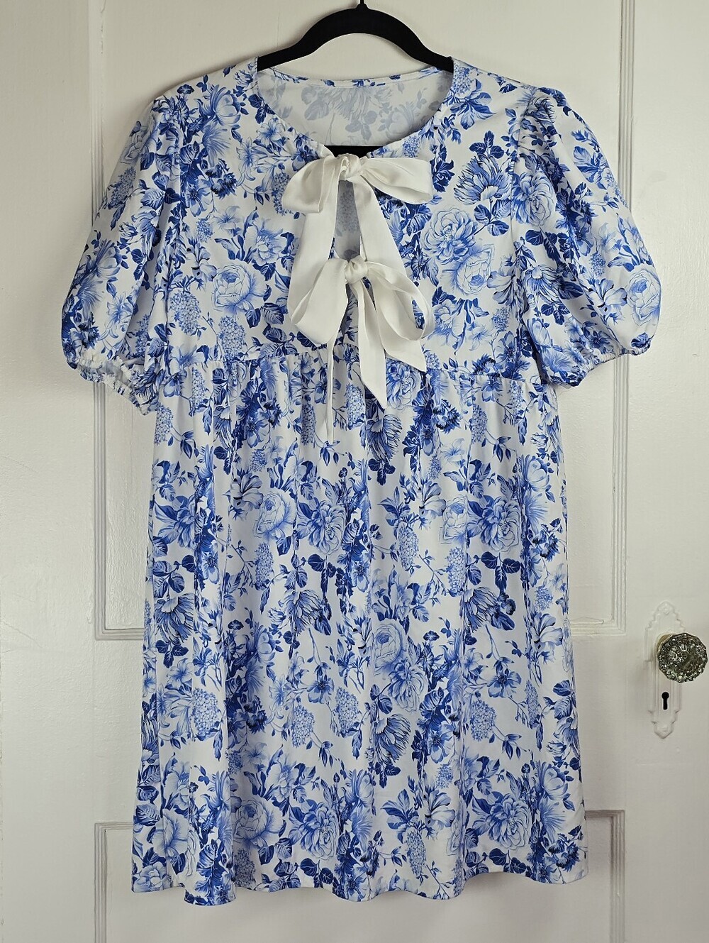 Shein Blue and White Woven Floral Tie Front Babydoll Coquette Dress M
